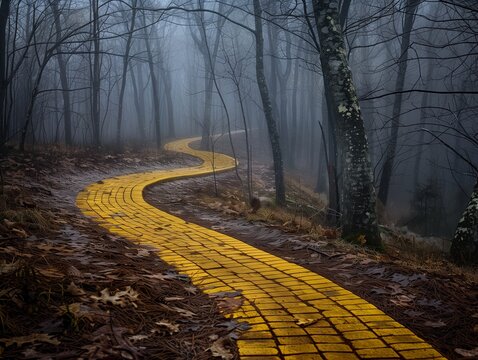 Winding yellow brick road through a foggy forest at dawn with bare trees and fallen leaves