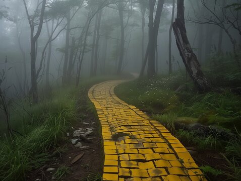 Pathway through a foggy forest with a yellow brick road leading into the trees