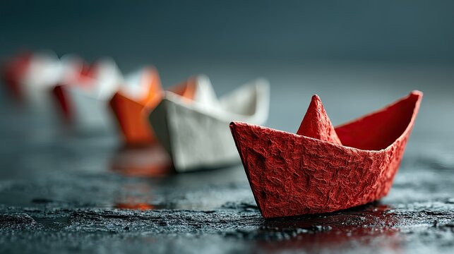 Red and white paper boats in a row