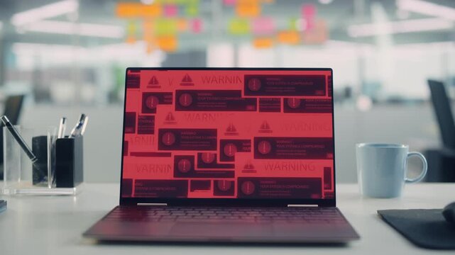 Office Laptop Suffers Hacking Cyberattack and Security Alerts, Malware Infection, Ransomware Risk, and Data Theft. System Compromise Warnings on Screen, Cybersecurity Danger for Business Networks.
