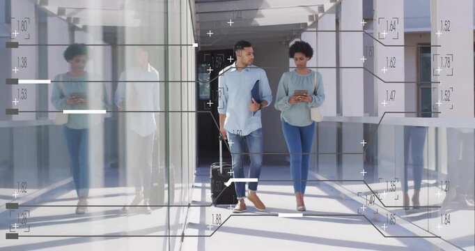 Animation of financial data processing over diverse business people at airport