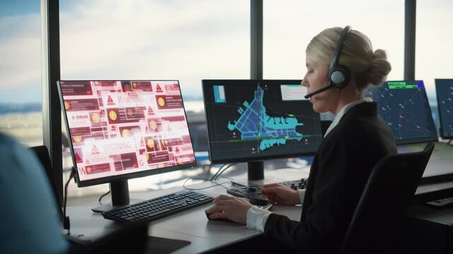 Female Airport Dispatcher in Headset Monitors Runway Maps as Cyberattack Alerts Shown on Screens, Icon Show Ransomware Virus, Operational Disruption, Control Tower Hacking