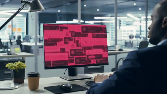 Office Male Professional Watches His Workstation Get Hacked as Malware Virus Popups Show Ransomware Encryption, Credential Theft, Data Threats to Corporate Systems and Business Cyber Attack