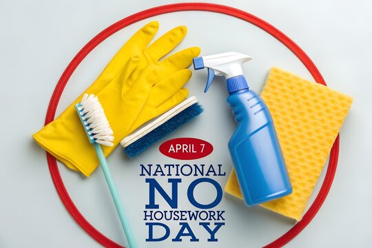 Celebrate national no housework day on april seventh with cleaning supplies like yellow gloves spray bottle brush and yellow sponge arranged artistically within a red circle border.