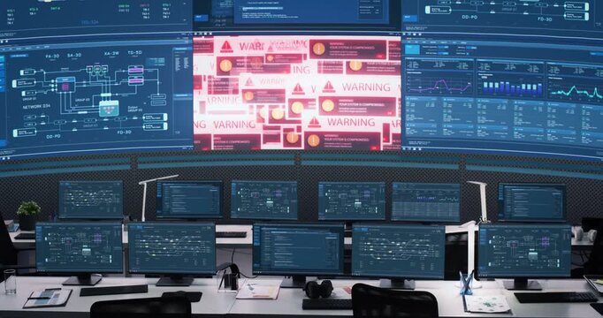 Monitoring Room, Wall Displays and Workstation Monitors Show Network Maps and Analytics Before a Malware Alert Shown. Warning Popups Multiply Across Screens,  Changes system Hacked Popup