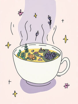Herbal tea steams in a whimsical illustration
