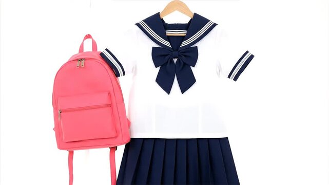 School uniform and backpack on white background ready for education