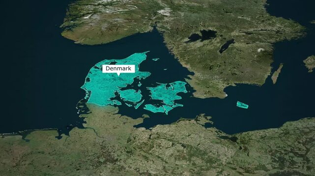 Satellite view zooming out and highlighting Denmark with label