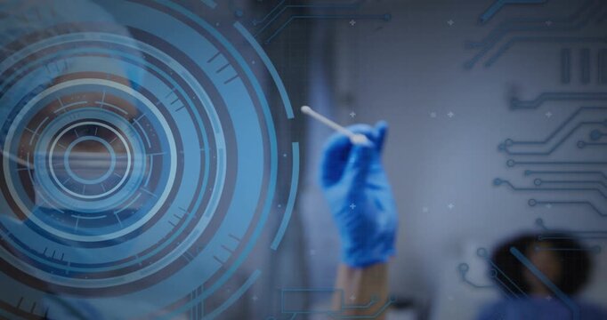 Lab technician inserting cotton swab in tube and swirling while patient watching with code overlay