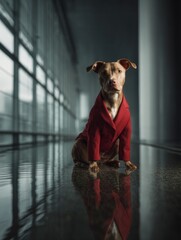 Stylish dog wearing red coat sitting in modern glass hallway with reflections
