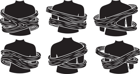 Silhouette of torsos bound with ropes in various positions