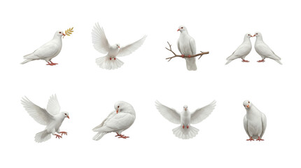 Obraz premium White dove set including flying, standing, perching, preening, kissing, and olive branch poses isolated. Religious symbols of peace, love, and freedom.