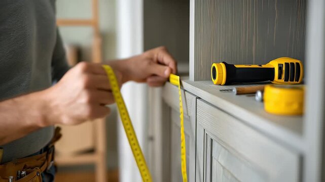 Measuring and preparing wood for a home improvement project in a modern living space