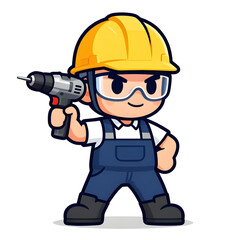 Fototapeta premium Cartoon CHIBI style construction worker. Active working posture. Ideal icon for logo, badge, branding, company mascot.