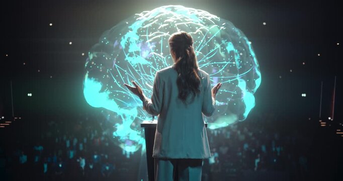  University Professor in a Lab Coat Presenting From Podium as a Glowing Brain Hologram and Neural Map Fills the Stage, AI Neuroscience and Healthcare Research Visualisation for Auditorium Audience.