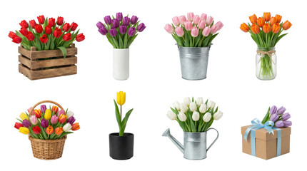 Obraz premium Colorful tulip set including arrangements in crate, vase, bucket, jar, basket, pot, watering can, and gift box isolated. Spring decoration and floral gift concepts.