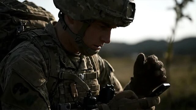 Soldier using mobile phone outdoors in uniform profile view