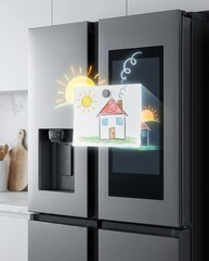 Modern smart refrigerator with a 3D digital holographic projection of a child's house drawing"