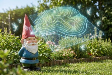gnome with a digital holographic topographical weather map and soil sensor signal concept"