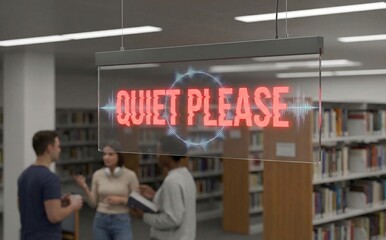  Modern library interior with a glowing digital holographic quiet please warning sign"