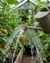  A watering can pouring water with "Growth Hormones" and "Nutrients" text into greenhouse plants
