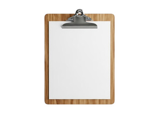 Wooden clipboard with blank white paper and metal clip isolated on transparent background