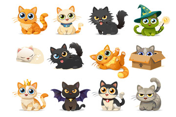 Fototapeta premium Cute cartoon cat character set with big eyes, fluffy tails and varied poses plus costumes: sleeping, playful, grumpy, in box, with crown, bat wings, collar and wizard hat. Flat vector style.