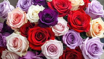 Fototapeta premium A stunning close-up view of a lush bouquet filled with vibrant multi-colored roses in full bloom.
