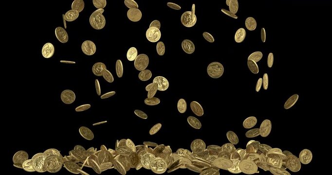 Falling and rotating gold dollar coins in slow motion footage with alpha channel (ProRes, 4K only). 3D FX animation.

