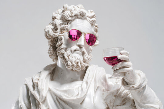 Statue of a man with sunglasses holding a glass of wine indoors during daylight