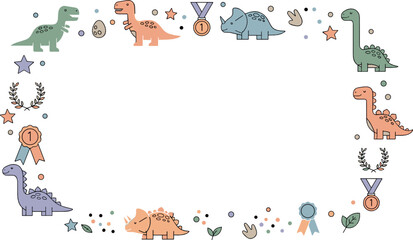 Fototapeta premium Cute dinosaur certificate frame with medals, stars, laurels, eggs, and colorful prehistoric characters for kids awards and achievements