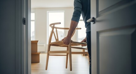 Fototapeta premium Carrying Wooden Chair Into New Apartment During Home Relocation