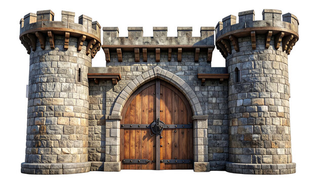 Front view of medieval stone castle gate with wooden door and towers, J (2122).png reference