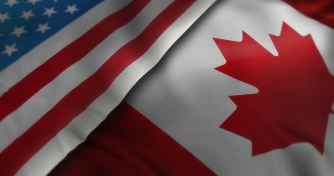 Canada and USA waving flags looping. Canadian and United States symbols banner blowing in the wind seamless and looped concept animation.