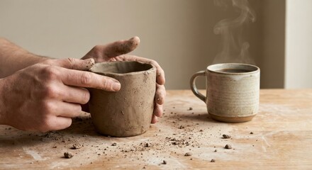 Potter Hands Shaping Clay Cup, Handmade Ceramics Workshop, Artisan Crafting Process, Steaming Coffee Mug, Creative Hobby Activity, Rustic Studio Workspace, Manual Sculpting Detail, Copy Space