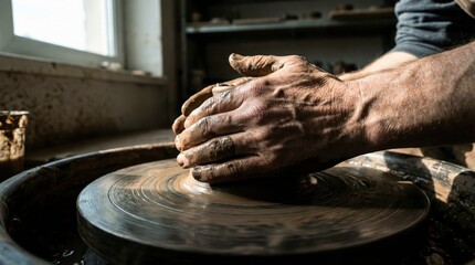 Female Potter Working In Sunlit Ceramic Studio, Professional Pottery Workshop Interior, Handmade Mugs On Shelves, Artisan Creative Process, Rustic Workspace, Morning Light, Hobbyist Activity, Copy Spa