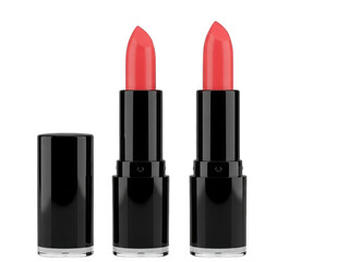 Obraz premium Two vibrant red lipsticks in sleek black tubes, one open and one closed, isolated on transparent background