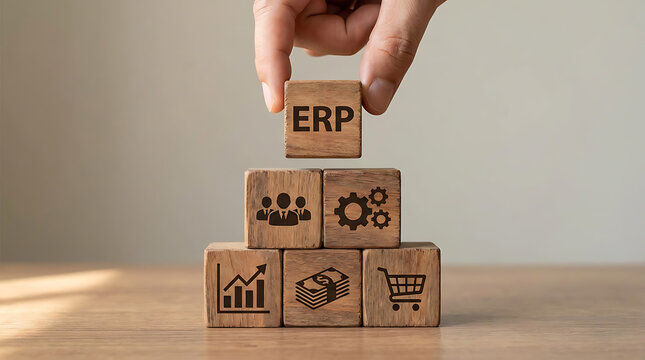 Businessman building ERP system with wooden blocks and icons