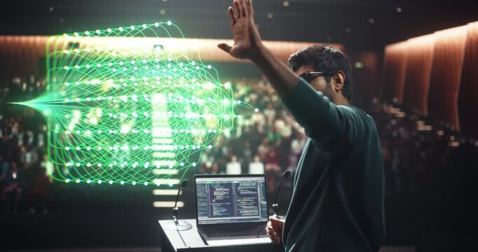 Professor Speaks Computer Science From a University Podium, Visualisation Green Hologram of Connected Nodes Into Layered Grids. AI Enhanbced and Software Engineering Lesson for Modern Audicence