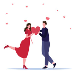 Loving Couple Share Love, Holding Huge Red Heart in Hands. Human Relations, Love, Romantic Dating. Newlywed Couple. vector illustration