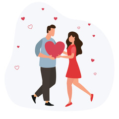 Loving Couple Share Love, Holding Huge Red Heart in Hands. Human Relations, Love, Romantic Dating. Newlywed Couple. vector illustration