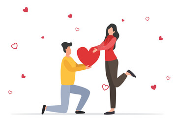 Loving Couple Share Love, Holding Huge Red Heart in Hands. Human Relations, Love, Romantic Dating. Newlywed Couple. vector illustration