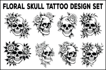 Floral Skull Tattoo Design Set &ndash; Vintage Rose Skull Line Art Collection