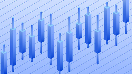 Candlestick chart in blue tones with diagonal lines, representing financial data analysis and market trends