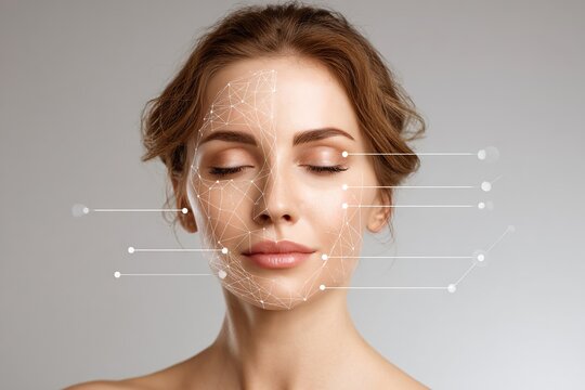 Female model with skin imperfections and facial analysis graphics, showcasing beauty treatment concepts and skincare solutions against a neutral background