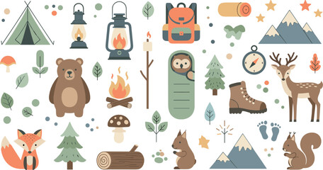 Cute camping and outdoor adventure vector set with forest animals, tents, lanterns, campfire, hiking gear, mountains, and nature elements © MdRazaul