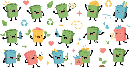Cute colorful recycling trash bin character vector set with eco-friendly emotions, waste sorting, sustainability icons, and environmental cartoon illustrations © MdRazaul