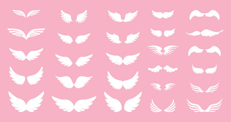 White angel or bird wings. Set of cute symbols. Wings tattoo. Simple white color icons. Wings for design. Love, romance vector icons. For gifts, Valentine's Day, birthday, party decoration, cards