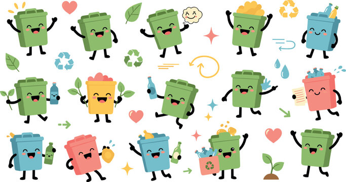 Cute colorful recycling trash bin character vector set with eco-friendly emotions, waste sorting, sustainability icons, and environmental cartoon illustrations