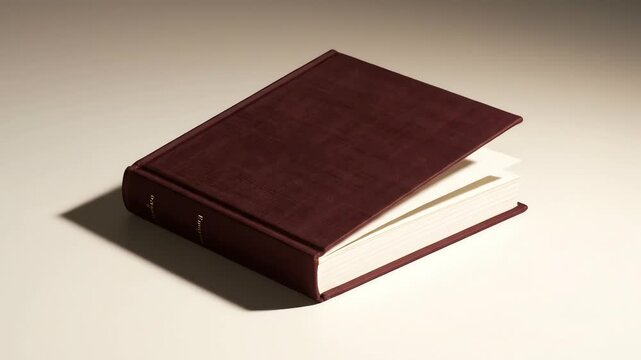 An open hardback book casting a shadow on a white surface